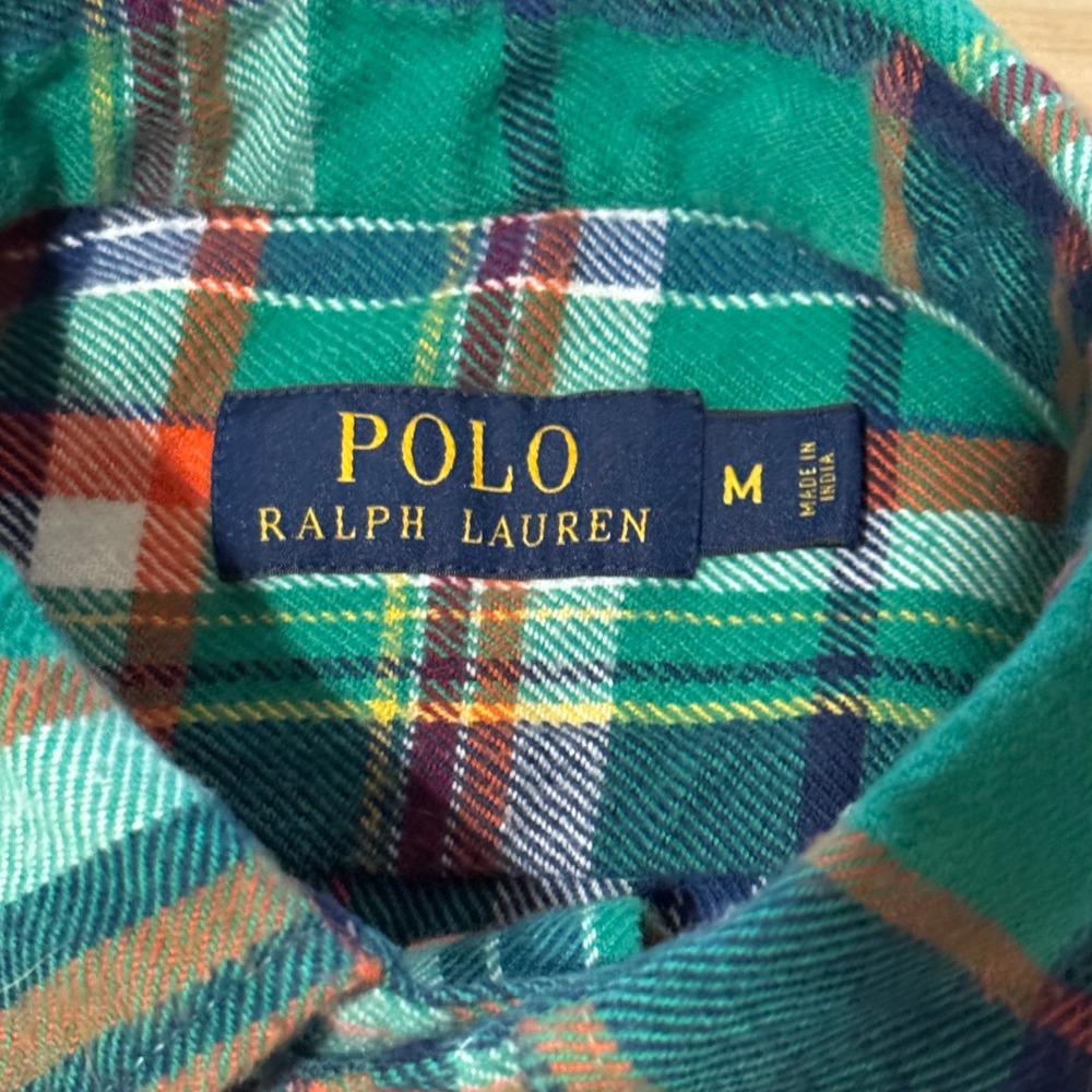 Polo Ralph Lauren Mens Flannel Shirt Green Plaid Elbow Patches Cotton Medium - Picture 2 of 7